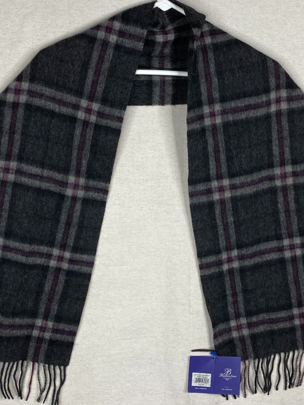 Ballantrae Scarf Lambswool Plaid 100% Edinburgh Gray White Red 58" x 9.75" NWT